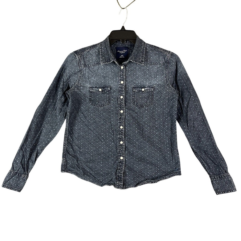 American Eagle Shirt Womens M Blue Western‎ Denim Rode Pearl Snaps Cowgirl Chore